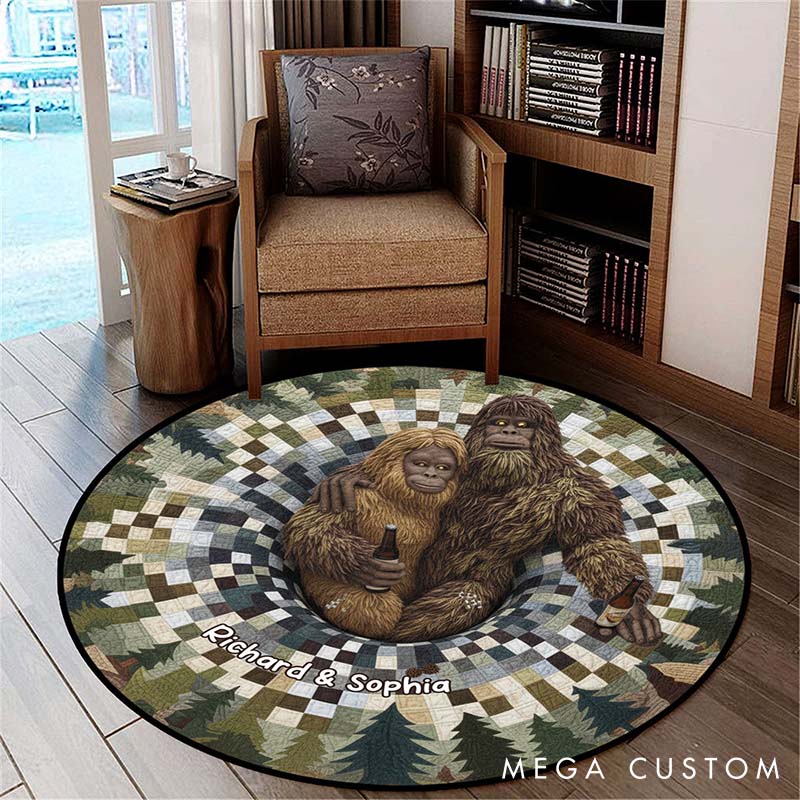 Personalized Cozy Forest Escape Round Mat Gifts for Couple Custom Bigfoot-Themed Rug Couple Holiday Home Decor Mat
