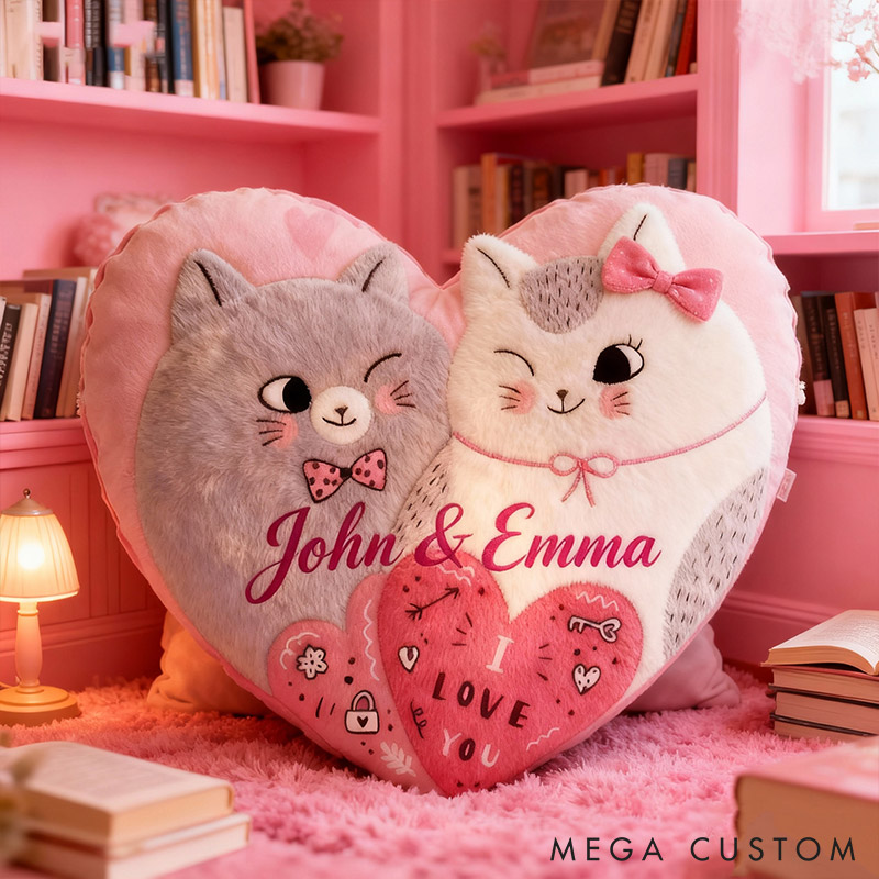 Personalized Couple Cats Heart Pillow with Name Custom Couple Valentine's Day Gift for Girl Christmas Gift for Girlfriend Wife