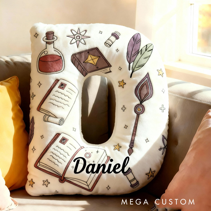 Personalized Magic Book Alphabet Throw Pillow Bookworm Letter Pillow with Name Vintage Bookish Initial Kids Pillow Gift for Book Lover