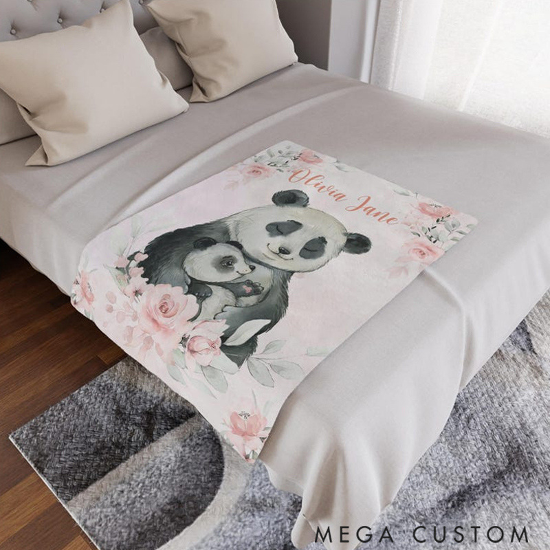 Personalized Mom and Baby Panda Custom Name Floral Panda Blanket Flowers Christmas Gift for Mom Grandma