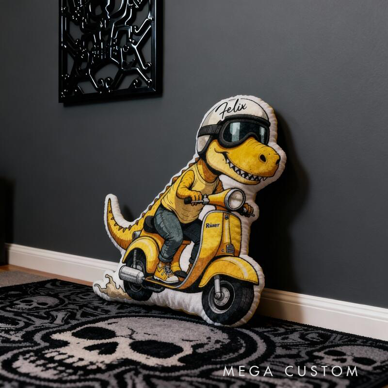 Personalized Cartoon Shaped Pillow Helmet Dinosaur Riding An Electric Bike Cool Gift for Motorcycle Lovers