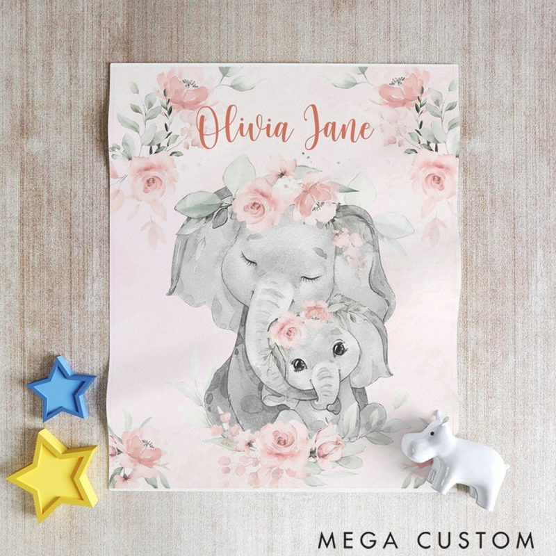 Personalized Mom and Baby Elephant  Custom Name Floral Elephant  Blanket Flowers Room Decor for Mom Grandma kids