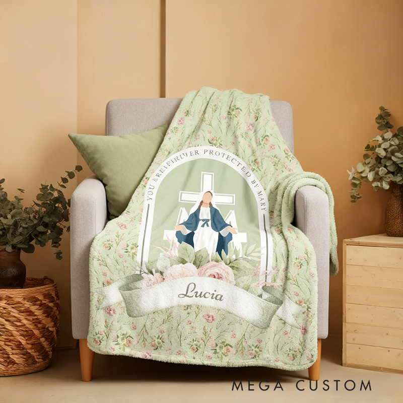 Personalized you are Forever Protected by Mary Floral Throw Blanket with Name Home Decor Religious Gift Catholic Gift for Women