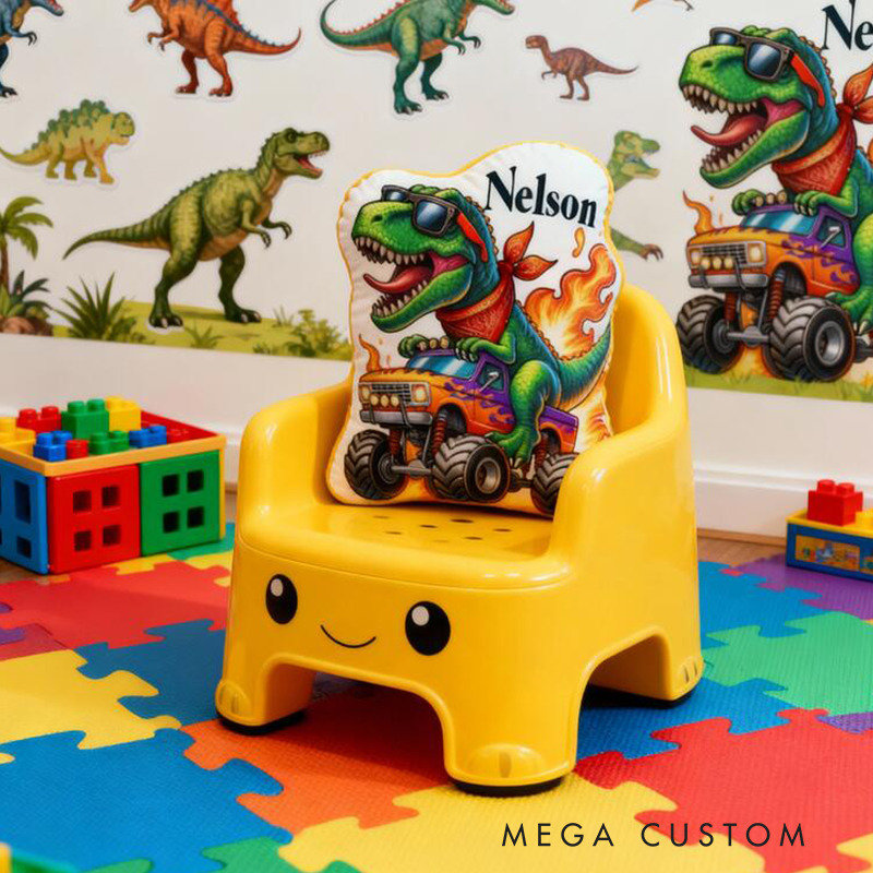 Personalized Dinosaur Monster Truck Pillow Custom Name Plush Cushion Cute Gift for Motorcycle Lovers and Motorcyclists