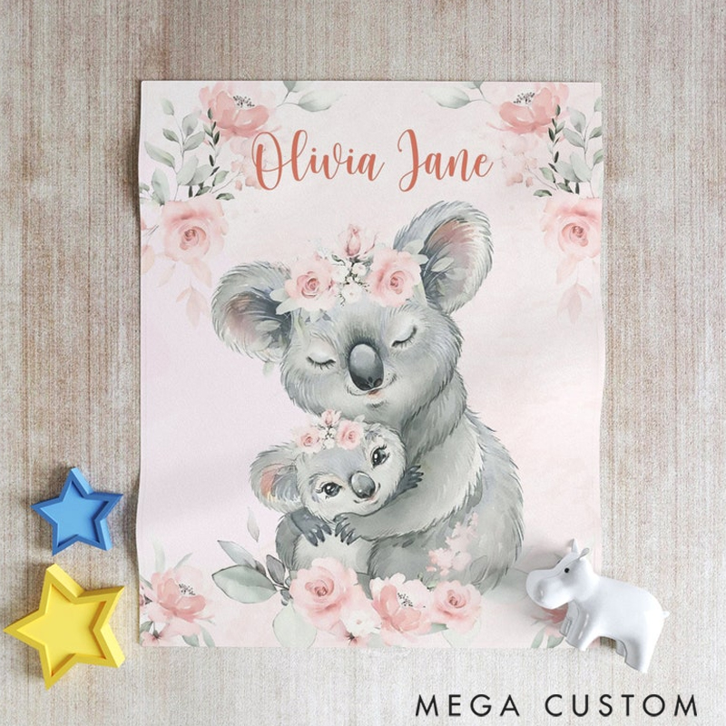 Personalized Mom And Baby Koala Custom Name Floral Elephant  Blanket Flowers Room Decor for Mom Grandma kids