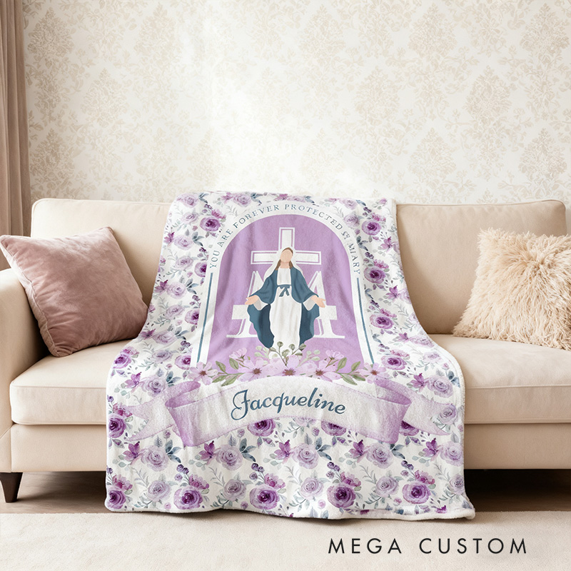 Personalized Purple Floral you are Forever Protected by Mary Throw Blanket with Name Home Decor Religious Gift Catholic Gift for Women