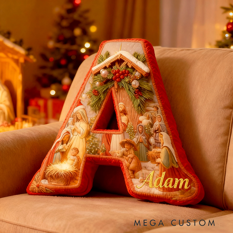 Personalized Nativity Scene Letter Pillow with Custom Name Christmas Festive Home Decor Graphic 3D Print Christian Gift Religious Gift