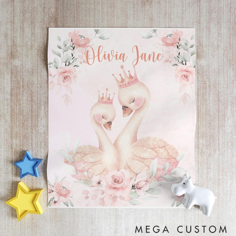 Personalized Mom And Baby Swan Custom Name Floral Swan Blanket Flowers Room Decor for Mom Grandma Kids