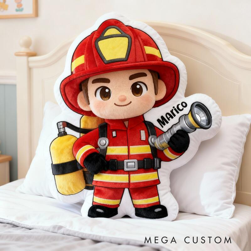 Personalized Firefighter Cartoon Pillow Custom Name Plush Cushion Hero‑Inspired Decorative Gift for Firefighter Enthusiasts