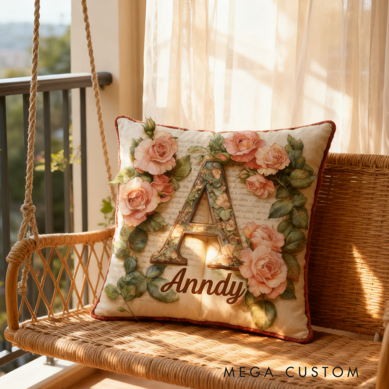 Personalized Rose Garden Book Alphabet Throw Pillow Vintage Floral Book Letter Pillow with Name for Kids Girl Gift for Reading Lover Pillow