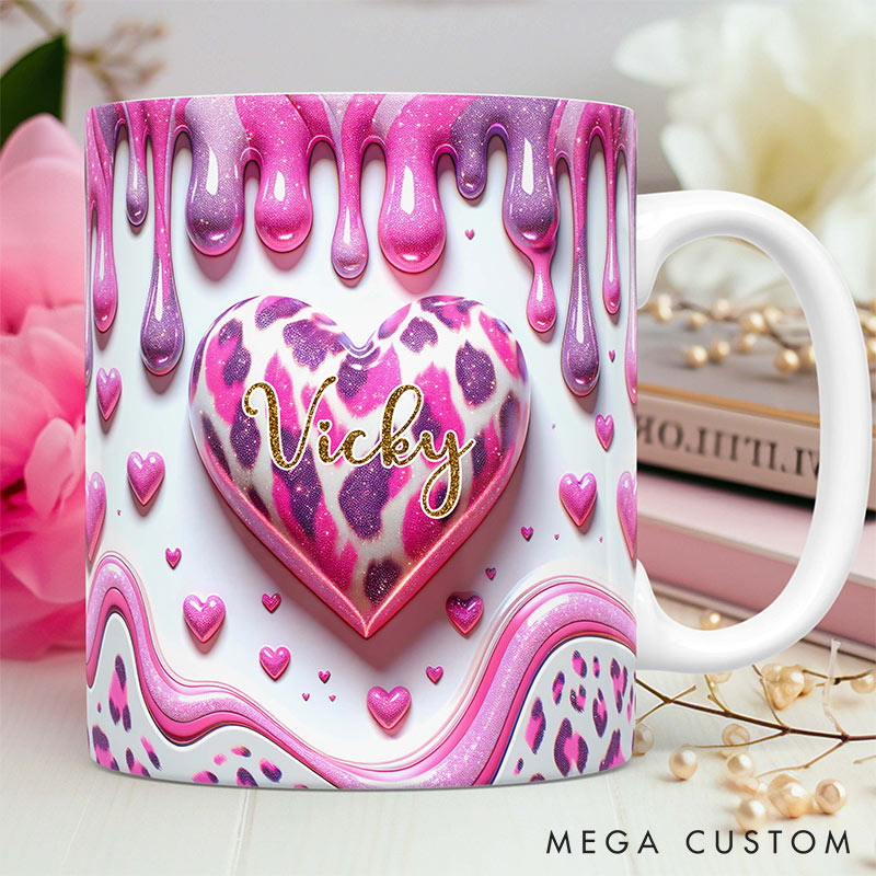 Personalized 3D Printing Pink Heart Glittering Mug Custom Names Mug Edge-to-Edge Mug Valentine's Day Gift for Wife for Grilfriend for Her
