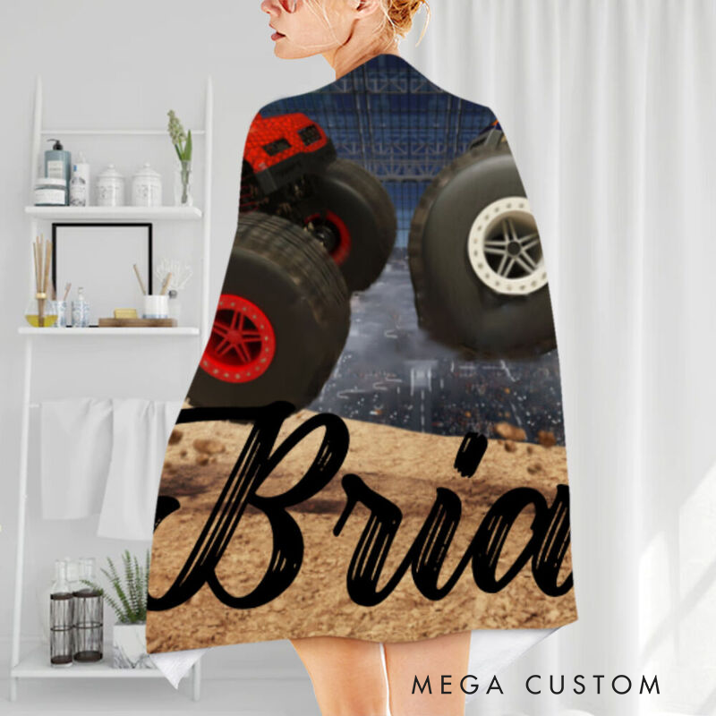 Personalized Monster Truck Beach Towel Custom Name Racing Off‑Road Style Towel Gift