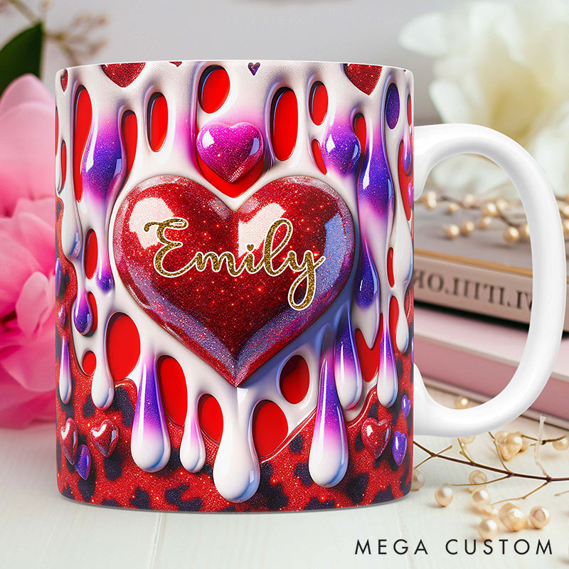 Personalized 3D Printing Pink Heart Glittering Mug Custom Names Mug Edge-to-Edge Mug Valentine's Day Gift for Wife for Grilfriend for Her