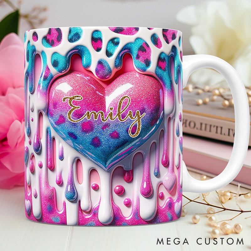 Personalized 3D Printing Pink Heart Glittering Mug Custom Names Mug Edge-to-Edge Mug Valentine's Day Gift for Wife for Grilfriend for Her
