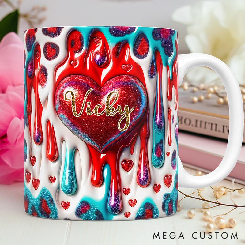 Personalized 3D Printing Pink Heart Glittering Mug Custom Names Mug Edge-to-Edge Mug Valentine's Day Gift for Wife for Grilfriend for Her