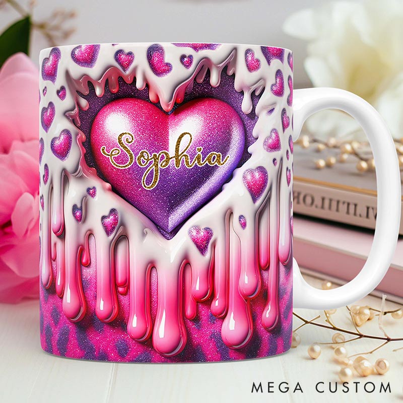 Personalized 3D Printing Pink Heart Glittering Mug Custom Names Mug Edge-to-Edge Mug Valentine's Day Gift for Wife for Grilfriend for Her