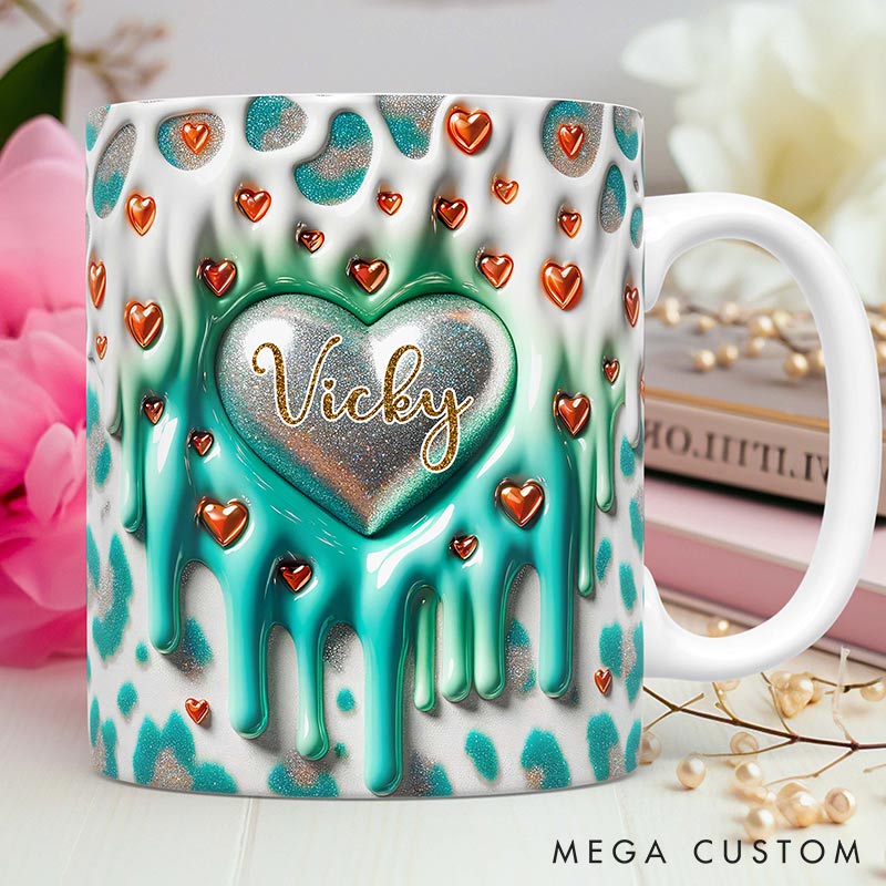 Personalized 3D Printing Heart Glittering Dripping Effect Mug Custom Names Mug Edge-to-Edge Mug Valentine's Day Gift for Wife for Grilfriend for Her