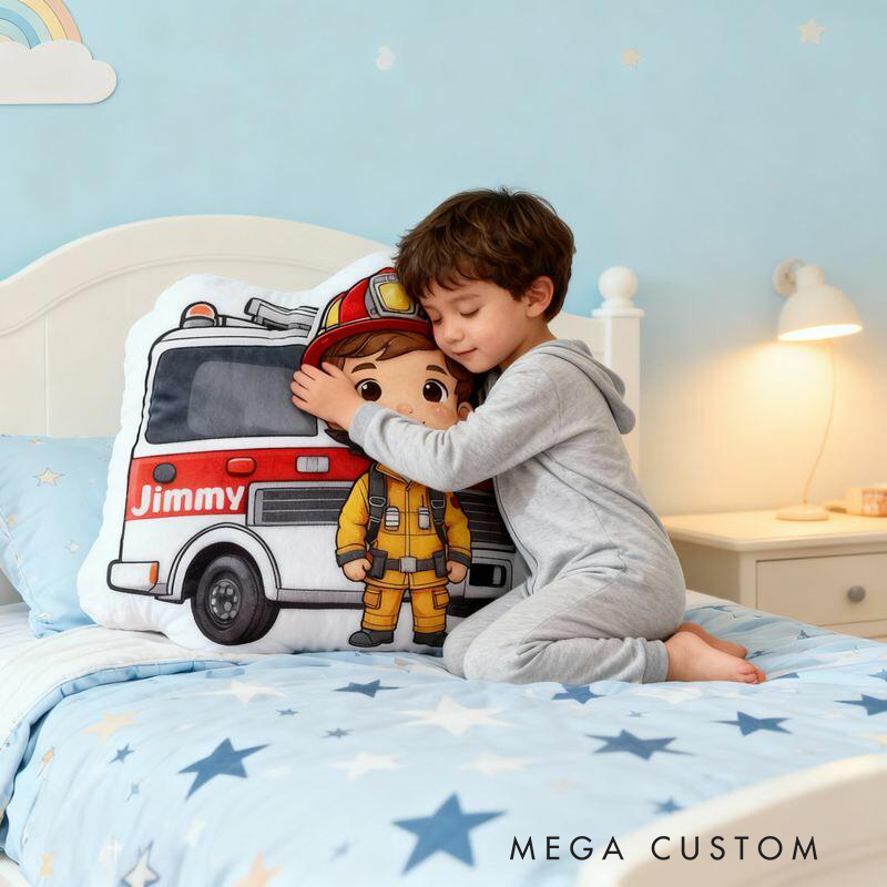 Personalized Cartoon Shaped Pillow Firefighter and Fire Truck Design Cool Gifts