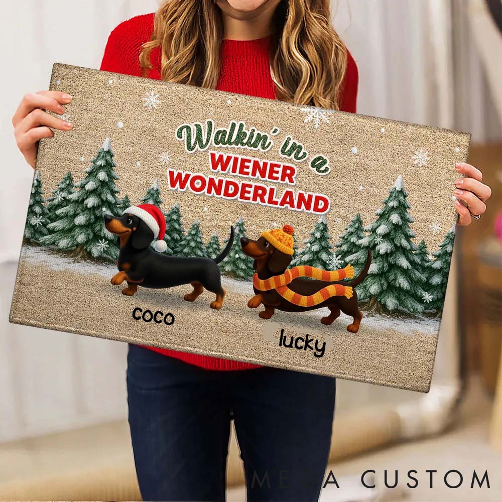 Personalized Dog Lover Dachshunds Walking in a Winter Wonderland Doormat