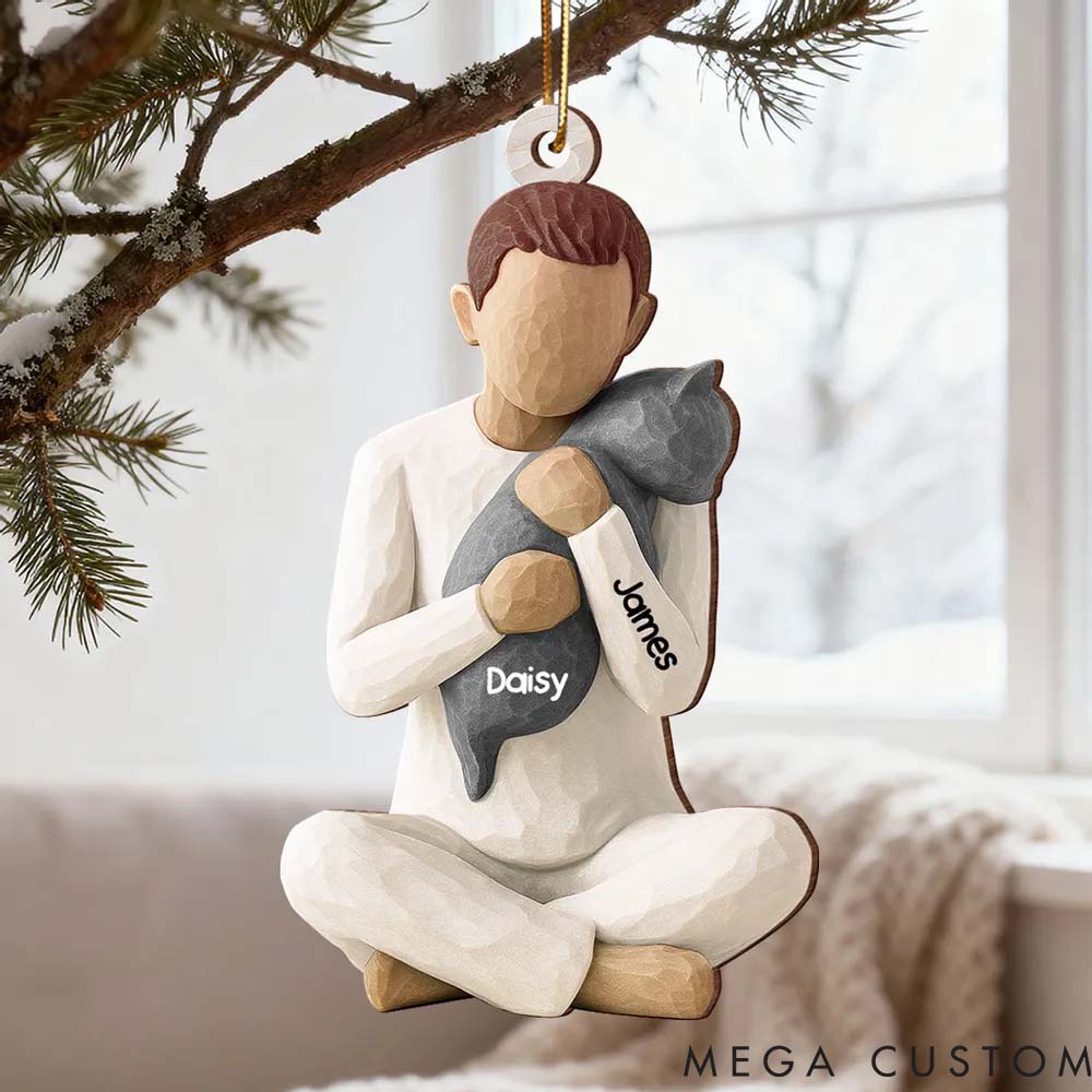Personalized Cat Lover Woman Hugging Cat Christmas Ornament