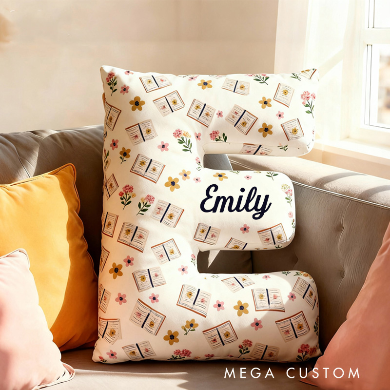 Personalized Floral Books Alphabet Throw Pillow Retro Book Letter Pillow with Name Bookish Initial Reader Pillow for Kids Boys Girl Book Lover Christmas Gift