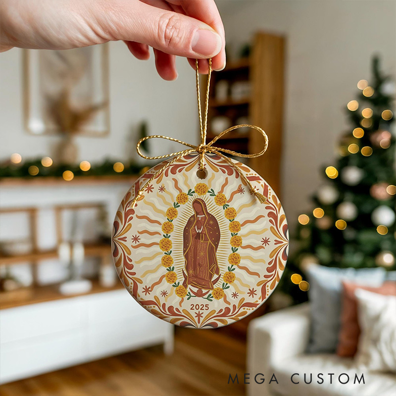 Personalized Our Lady of Guadalupe Marigolds Ceramic Ornament with Year Religious Gift Christmas Home Decor Catholic Gift