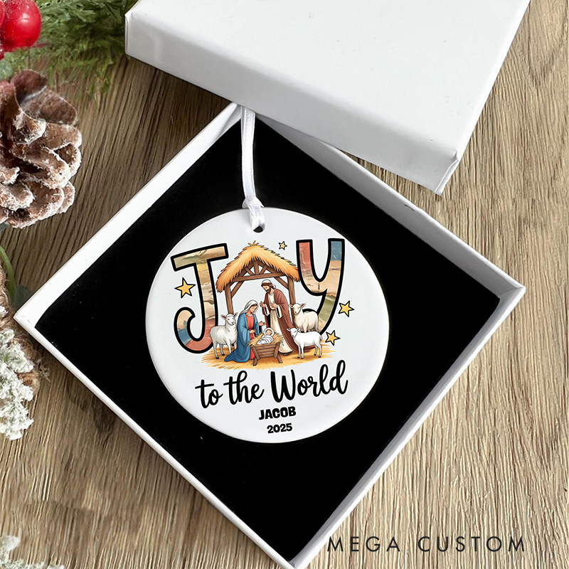 Personalized Joy to the World Nativity Scene Ceramic Ornament with Name Religious Gift Christmas Home Decor Gift Festival Gift