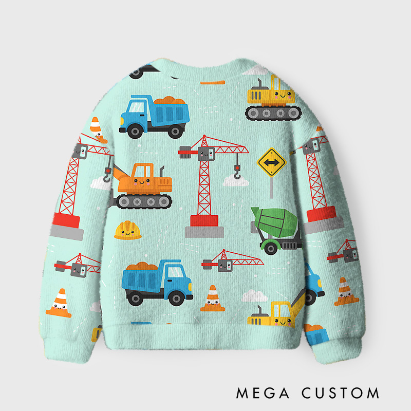 Personalized Construction Adventure Kids Ugly Cardigan Sweater Kids Gift