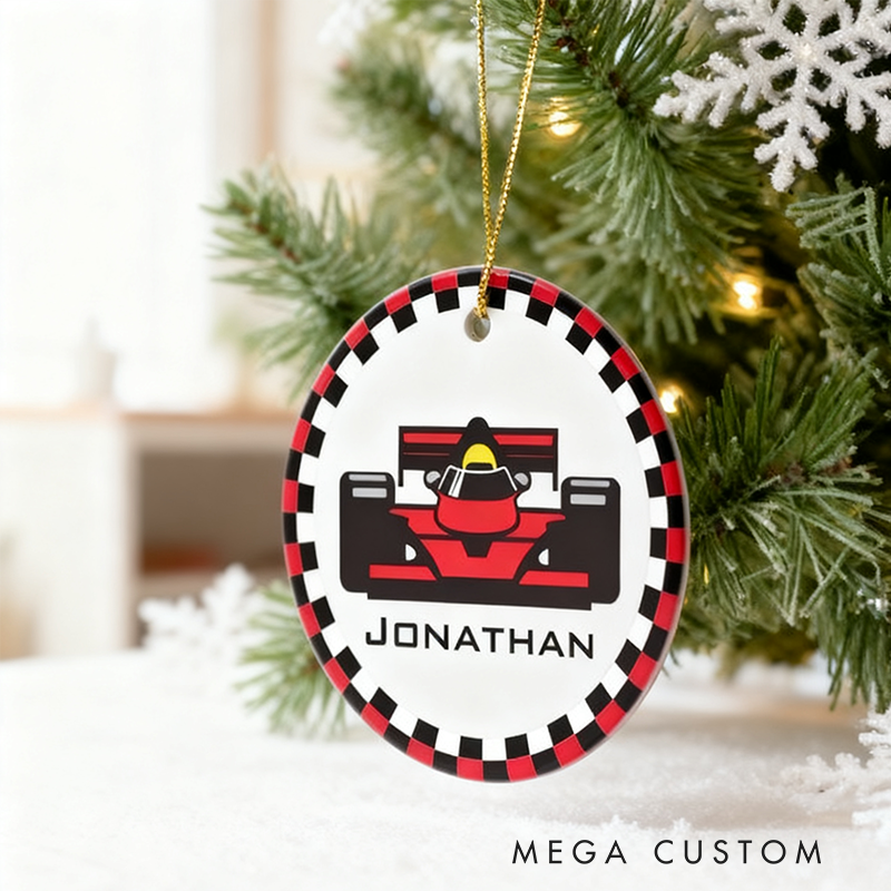 Personalized Racing Car Ceramic Ornament Custom Name Checkered Border Design Gift