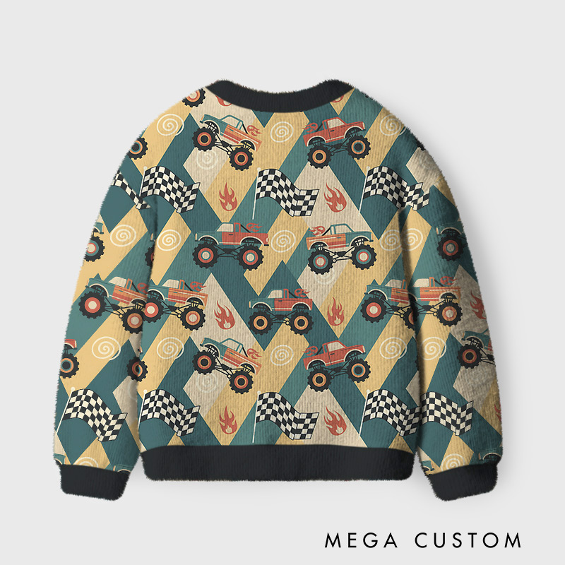 Personalized Monster Truck Race Kids Cardigan Sweaters with Custom Initial Kids Gift