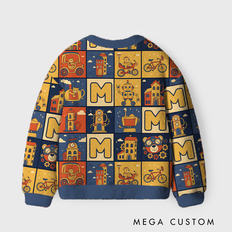 Personalized Retro City and Robot Theme Kids Cardigan Sweaters with Custom Initial