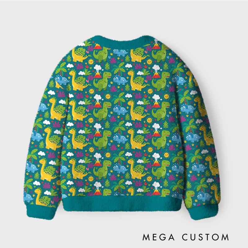 Personalized Colorful Dinosaur Adventure Kids Cardigan Sweaters with Custom Name Design