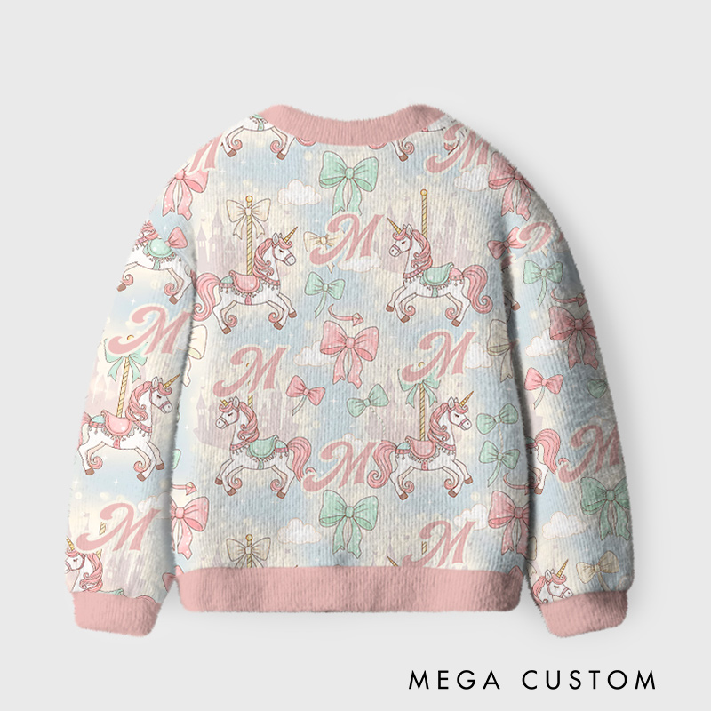 Personalized Pastel Carousel Unicorn Theme Kids Cardigan with Custom Initial