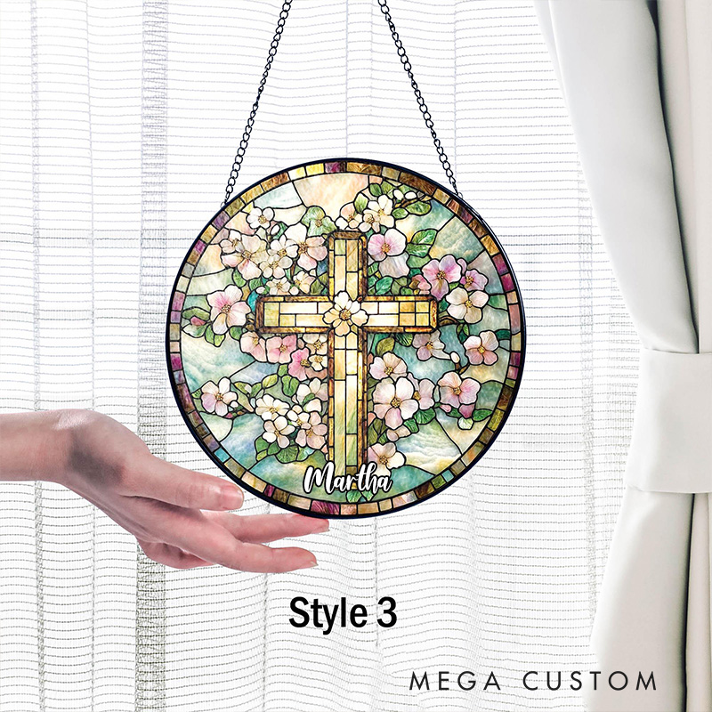 Personalized Cross Wildflowers Stained Glass Suncatcher Ornament with Name Window Balcony Hanging Decor Home Decor Religious Faith Gift