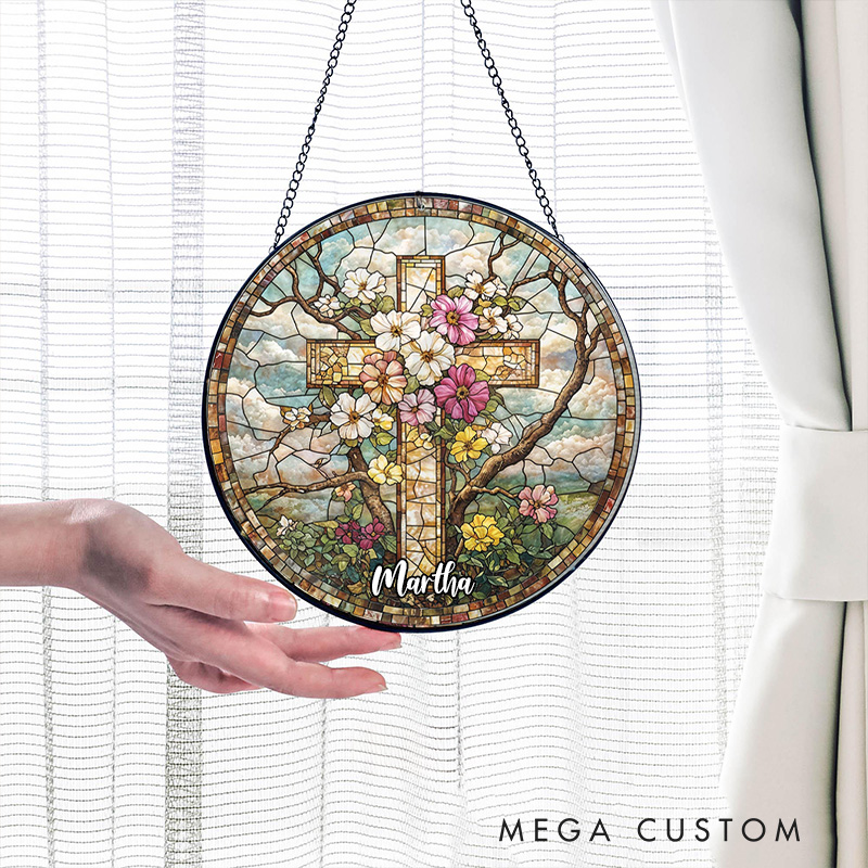 Personalized Floral Cross Stained Glass Suncatcher Ornament with Name Window Balcony Hanging Decor Home Decor Religious Gift