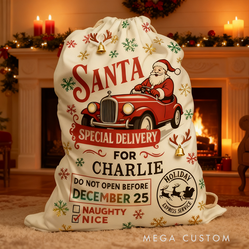 Personalized Santa Express Christmas Sack Custom Name Gift Bag Holiday Racing Delivery Fabric Toy Bag Festive Home Decoration