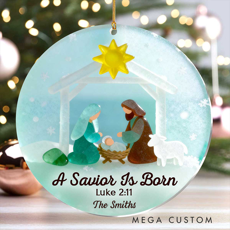 Personalized a Savior is Born Nativity Scene Acrylic Ornament with Family Name Religious Gift Christmas Tree Decor Christmas Gift for Family