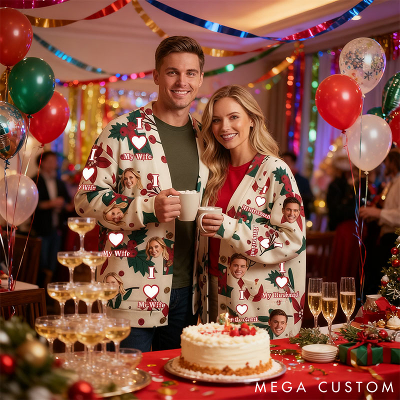 Personalized Couple Face Photo Christmas Cardigan Sweaters I Love My Husband Wife Christmas Knitted Cardigan Couple Christmas Gift