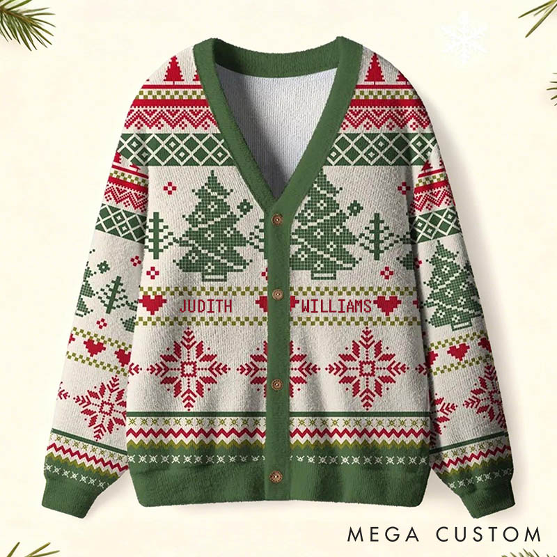 Personalized Couple Vintage Christmas Tree and Snowflakes Christmas Cardigan Sweater Newlyweds Matching Ugly Sweater Cozy Christmas Outfit for Him Her