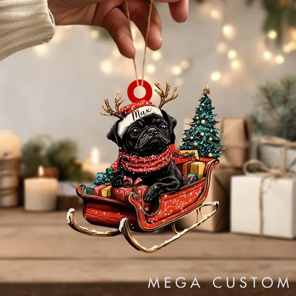 Personalized Pet Lover Custom Name Pet with Santa Hat Sitting on a Red Sleigh Christmas Ornament