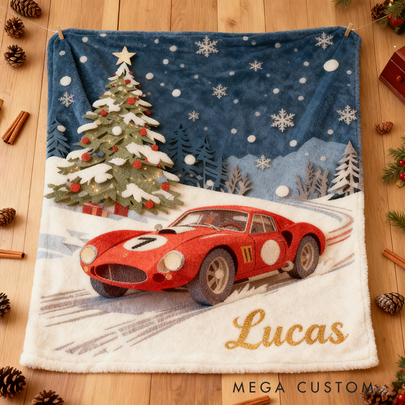 Personalized Christmas Racing Car Blanket Custom Name Winter Throw for Car Lovers Holiday Gift Home Decor