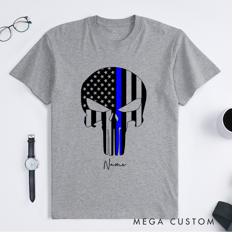 Personalized Thin Blue Line Punisher Skull Design Gift for Police Officer T-Shirt