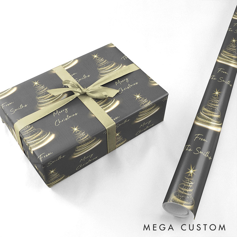 Personalized Gold Christmas Tree Wrapping Paper Custom Name Christmas Wrapping Paper Holiday Gift Wrap for Couple Girlfriend Wife Boyfriend Husband