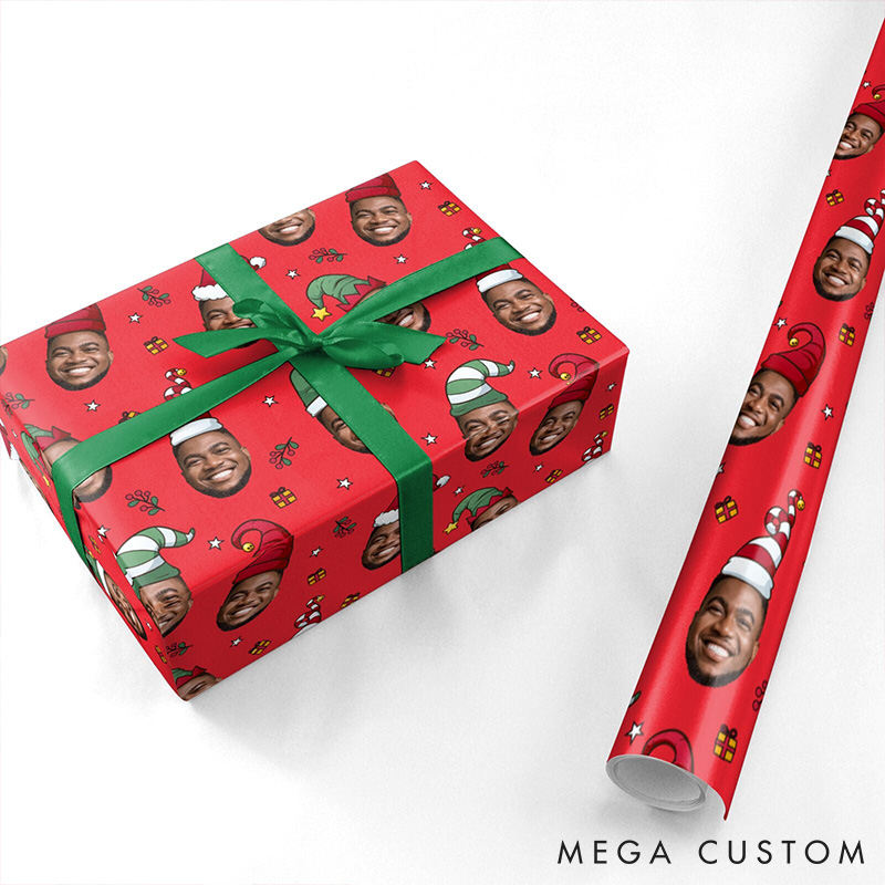 Personalized Face Christmas Wrapping Paper Custom Photo Face Xmas Hats Wrapping Paper Funny Festive Gift Wrap for Husband Boyfriend