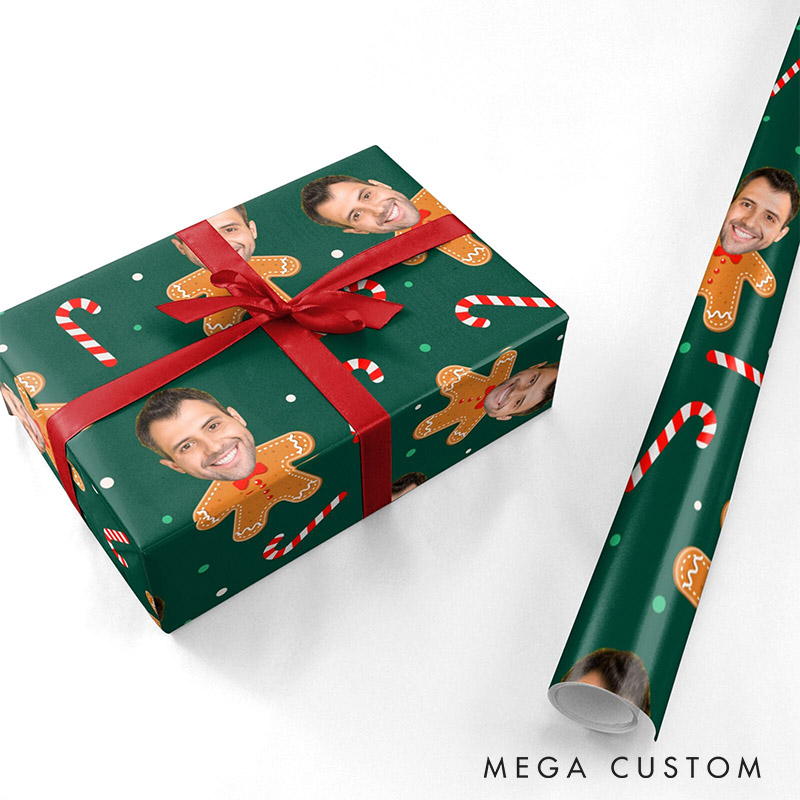 Personalized Husband Boyfriend Photo Face Wrapping Paper Girlfriend Wife Gingerbread Face Christmas Wrapping Paper Holiday Gift Wrap for Him Her