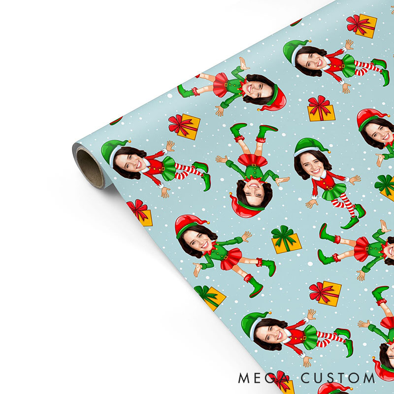 Personalized Funny Girlfriend Wife Photo Face Wrapping Paper Husband Boyfriend Elf Face Christmas Wrapping Paper Holiday Gift Wrap for Him Her