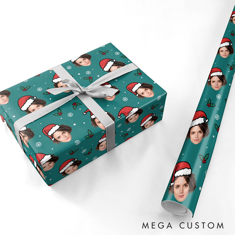 Personalized Funny Girlfriend Wife Photo Face Wrapping Paper Husband Boyfriend Santa Hat Face Christmas Wrapping Paper Holiday Gift Wrap for Him Her