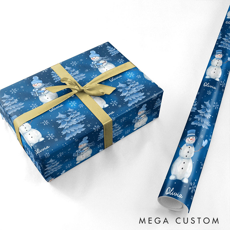 Personalized Blue Snowman Christmas Wrapping Paper Custom Name Christmas Wrapping Paper Holiday Gift Wrap for Girlfriend Wife Boyfriend Husband