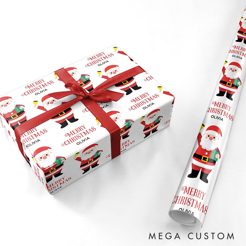 Personalized Cute Santa Merry Christmas Wrapping Paper Custom Name Christmas Wrapping Paper Holiday Gift Wrap for Girlfriend Wife Boyfriend Husband