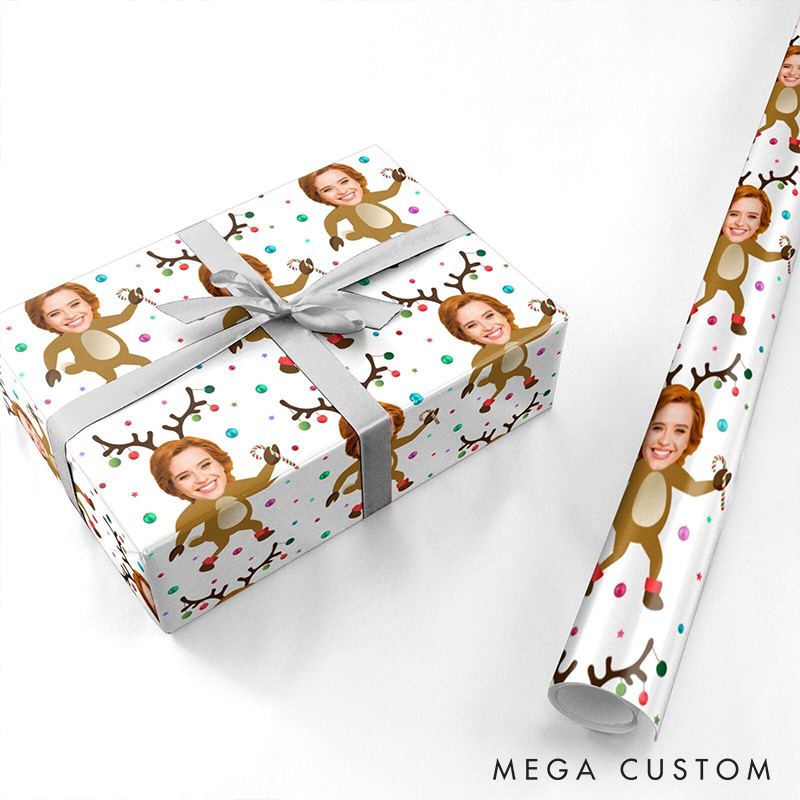 Personalized Reindeer Face Wrapping Paper Custom Funny Gift Wrap Reindeer Photo Face Wrapping Paper for Him Hei Christmas Gift Wrap
